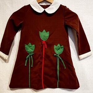 VTG SearS Girls Size 6 Brown Dress Peter Pan Collar Tulip Appliqué Long Sleeve